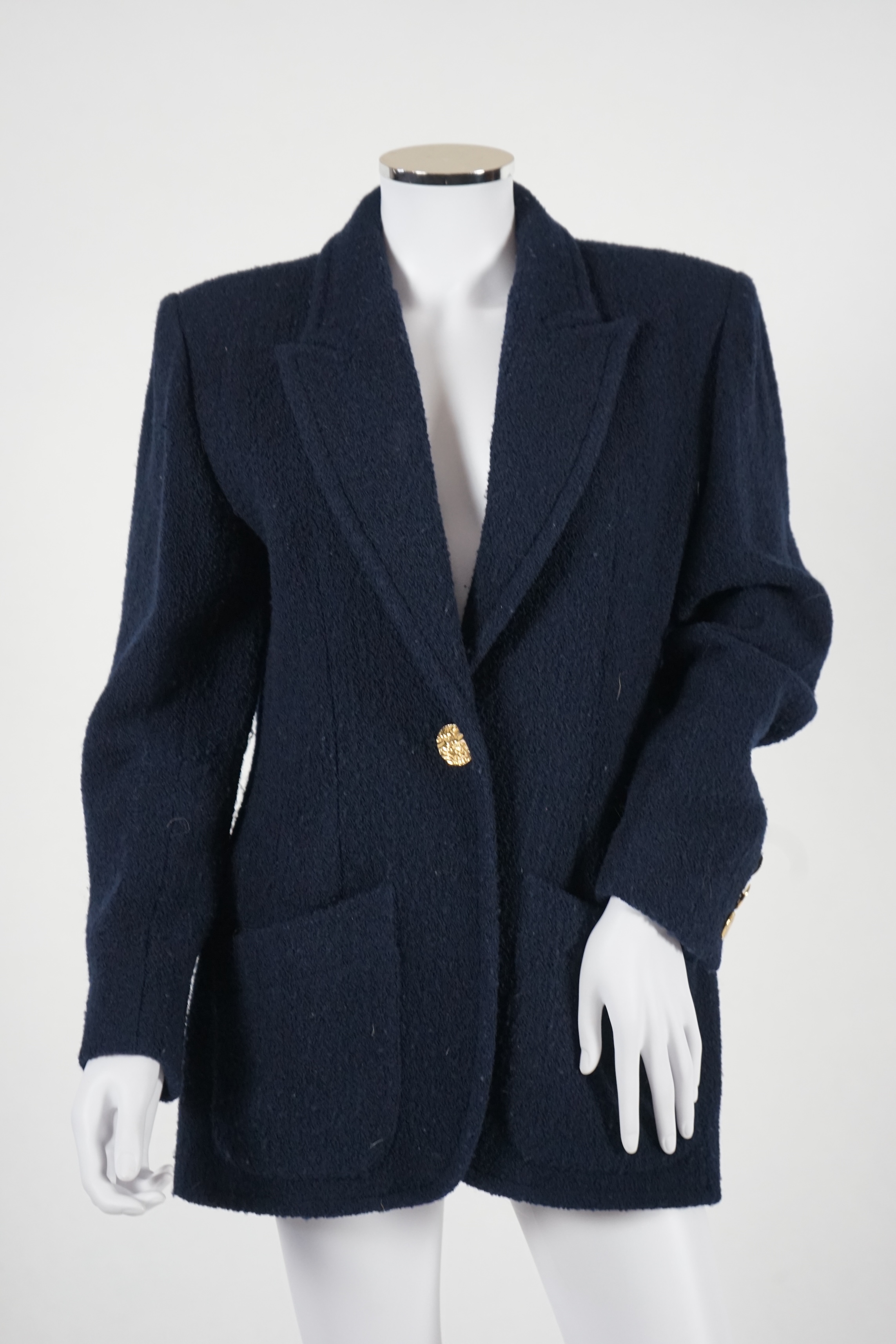 A vintage Yves Saint Laurent variation lady's navy blue wool textured blazer, F 40 (UK 12). Proceeds to Happy Paws Puppy Rescue